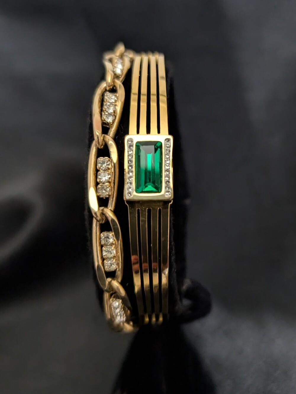 #87. Gold Open Bangle With Emerald Color Stone & Cubic Zirconia Set
